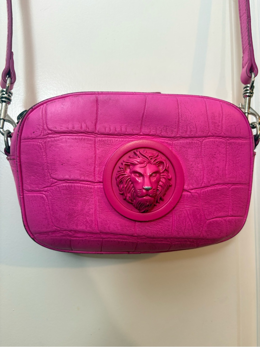 Versus Versace Hot Pink Croc-Embossed Leather Lion Head Camera Bag